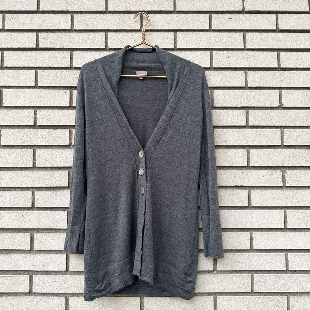 J Jill Italian Merino Wool Cardigan Gray Shawl Collar Button Front Knit S Preppy